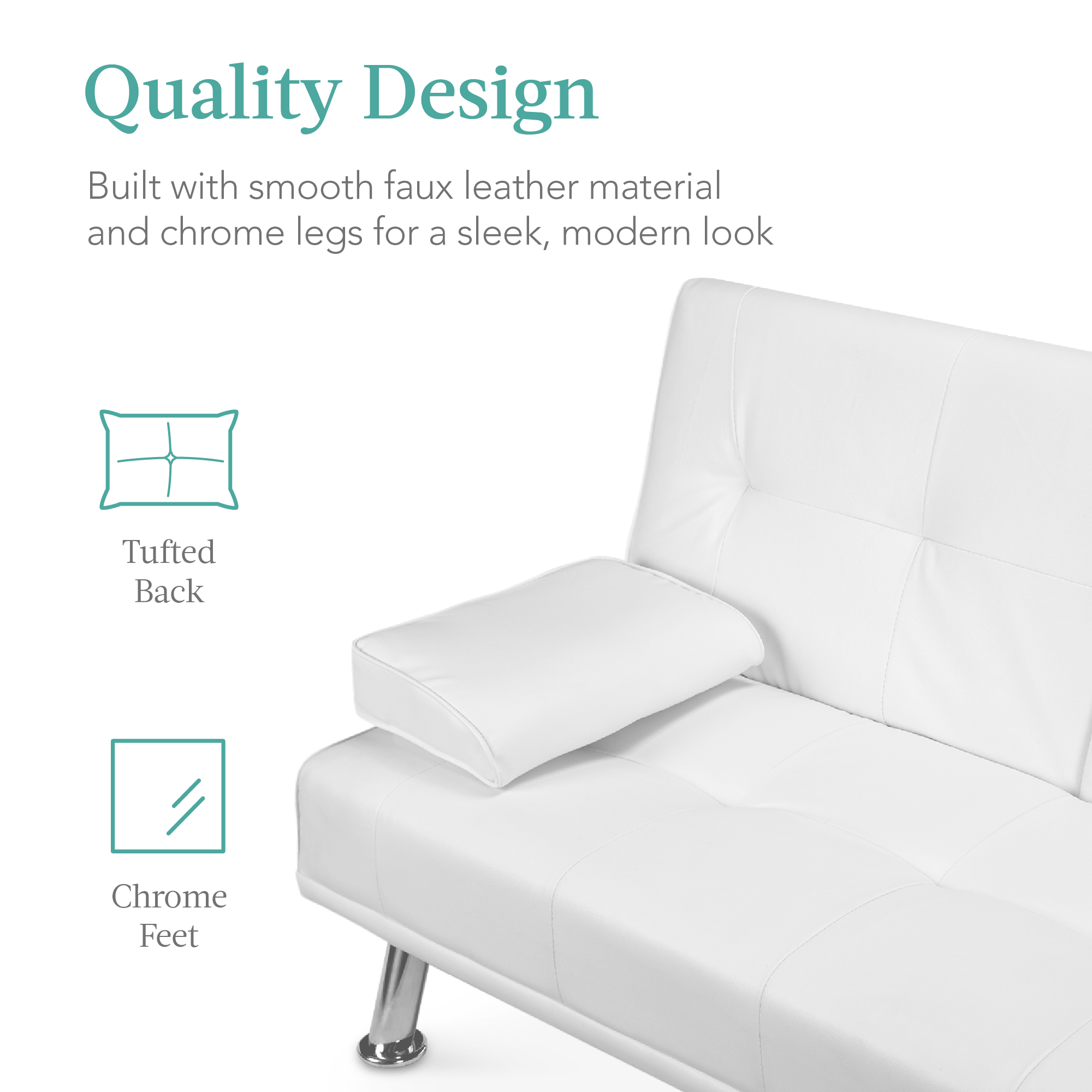 Best Choice Products Modern Faux Leather Convertible Futon Sofa w/ Removable Armrests, 2 Cupholders - White - image 5 of 7