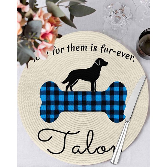 13 Inch Round Placemats Set of 4, Blue Black Buffalo Checkered Non Slip Heat Insulation PP Table Mats, Bones Cute Dogs Pets Washable Place Mats for Kitchen Dining Party Table Decor