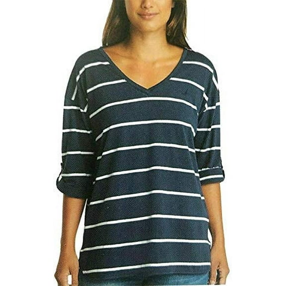 Nautica Ladies' V-Neck Top with Roll Tab Tee (Navy Seas, Small)