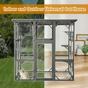 Haverchair Cat Enclosure Outdoor Catio Large Wooden Cat House with Weatherproof, Cat Cage Condo Indoor Playpen with Platform and Small House, Gray