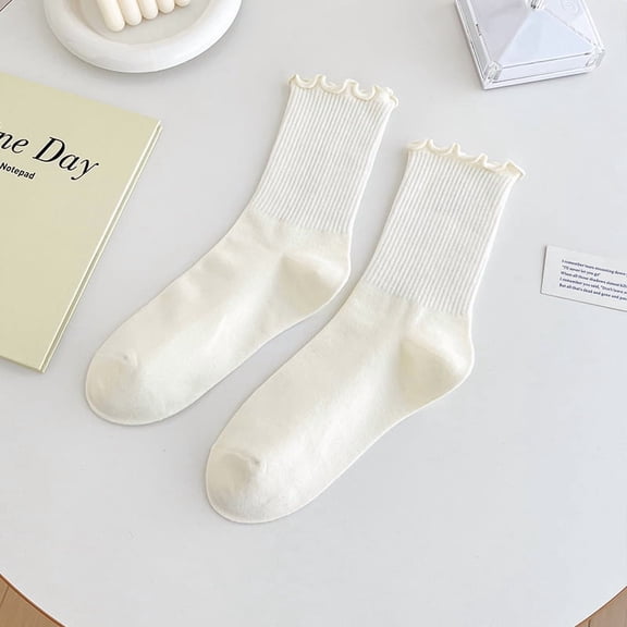 Xiao Hua 6pcs Womens Cotton Socks - Ruffle Turn Cuff Sock - Casual Crew Frilly Sock（Milky white）