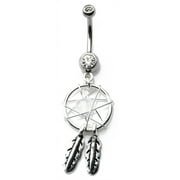 Angle View: Body Jewelry 14 Gauge Surgical Steel Belly Dream Catcher with Clear Gem