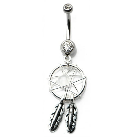 Body Jewelry 14 Gauge Surgical Steel Belly Dream Catcher with Clear Gem