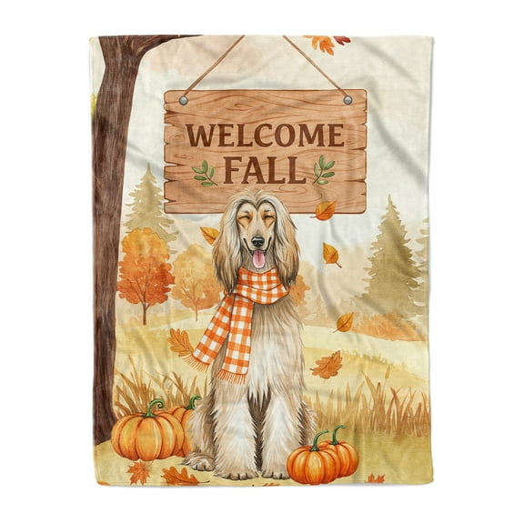 Welcome Fall Afghan Hound Cozy Autumn Field Pumpkins Golden Leaves Cozy Fleece Blanket Dog Lover Warm Soft Throw Blanket - 12013