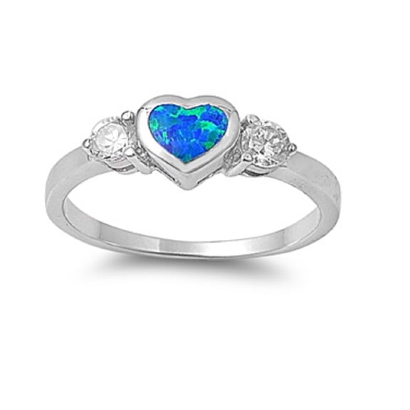Heart Center Bezel Blue Simulated Opal Ring Sterling Silver Size 5