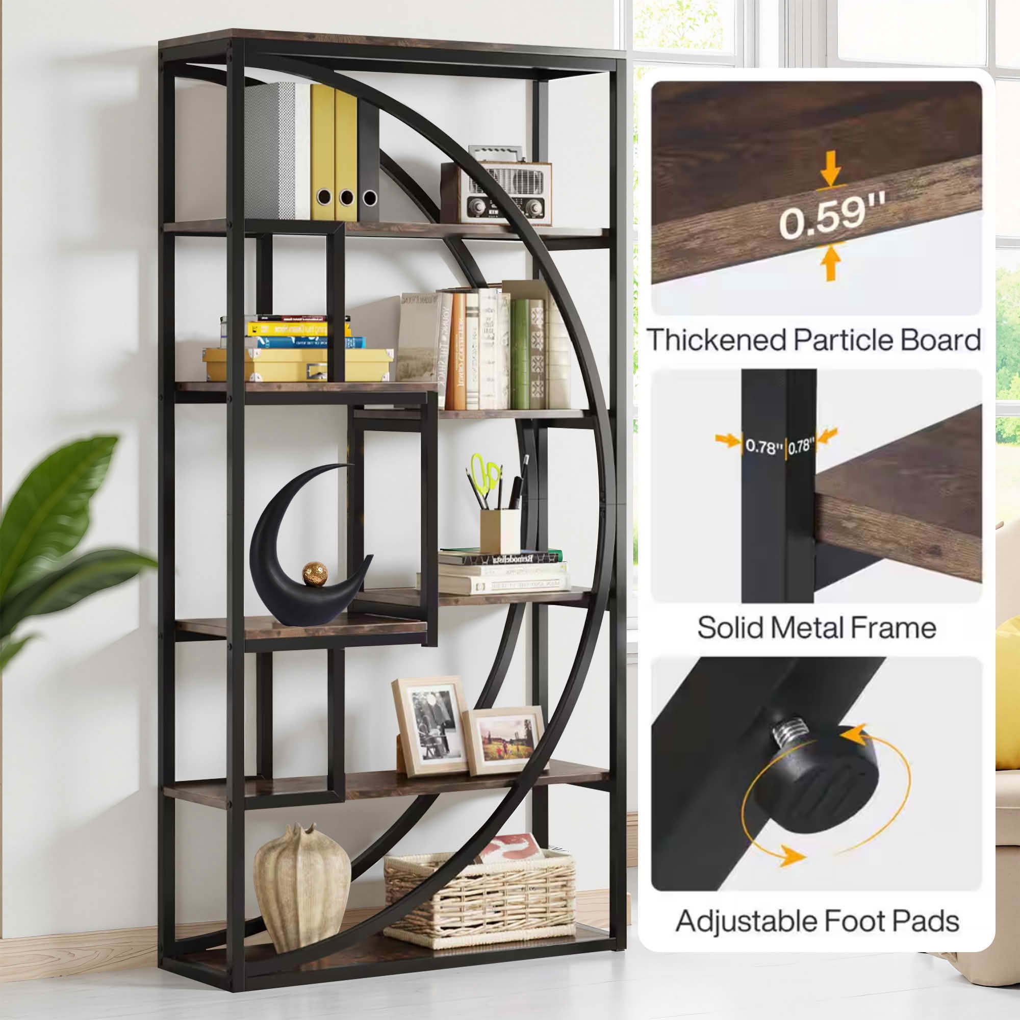MAYEERTY 70.8 Inch Tall Modern Geometric Bookcase, 5-Tier Etagere with 8 Open Storage Shelves, Gray Wood & Black Metal Frame Display Rack for Living Room Bedroom Home Office