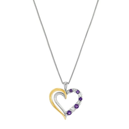 Brilliance Fine Jewelry Amethyst with White Topaz Open Heart Pendant in Sterling Silver and 10kt Yellow Gold, 18