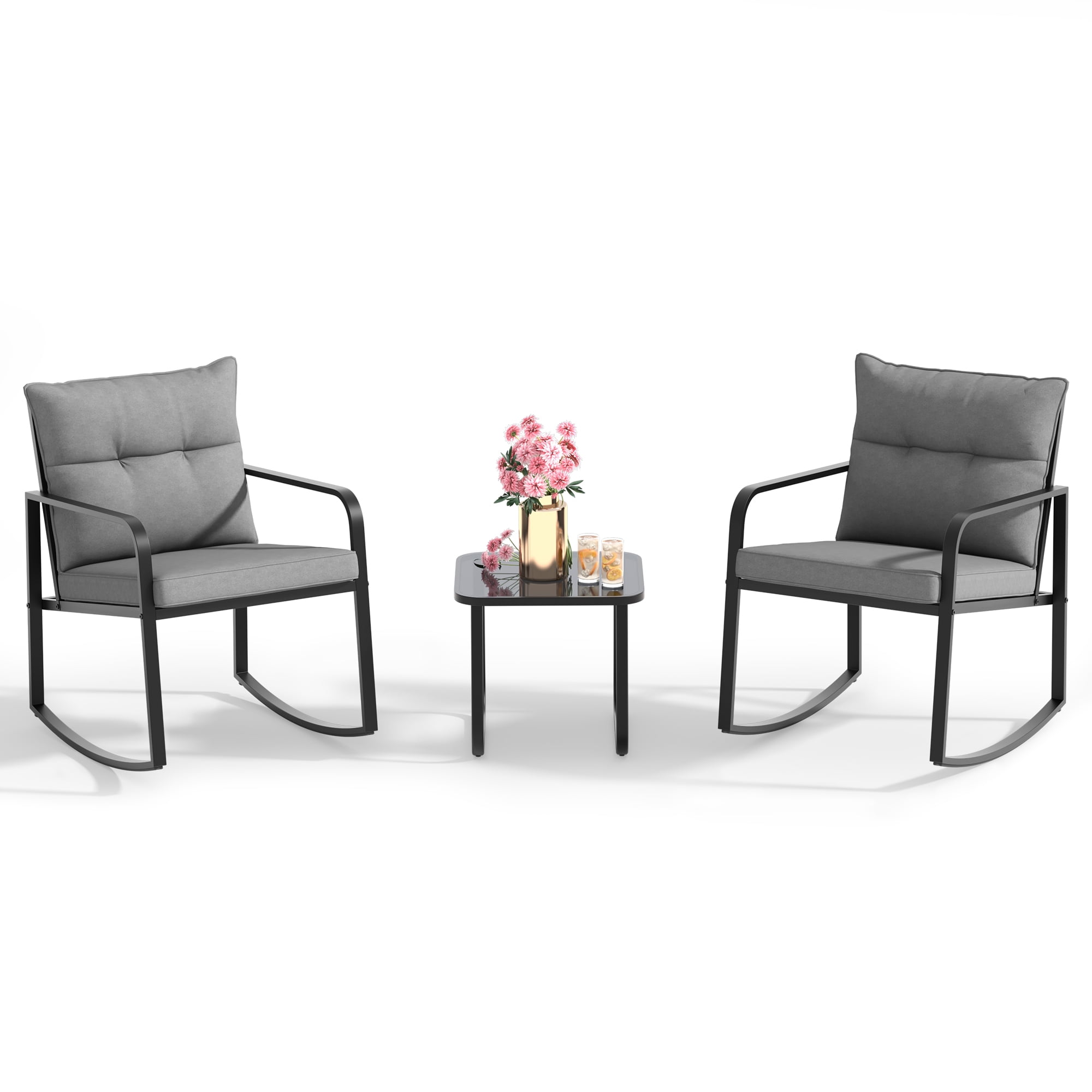 Lofka Patio Furniture Set with Tea Table, 3 Pieces Metal Outdoor Rocking Chairs Set  for Porch & Garden, Gray Cushion
