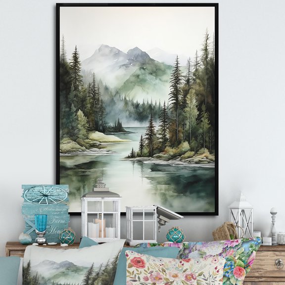 Designart "Minimalist Lake Serenity I" Landscape Lake River Floater Framed Canvas Art Print