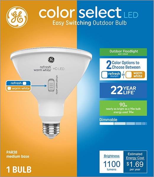 GE Color Select Warm White/Refresh Outdoor Floodlight, 2 Color Options, Warm White or Daylight, 90 Watt Replacement, Medium Base, Dimmable (1 Pack)