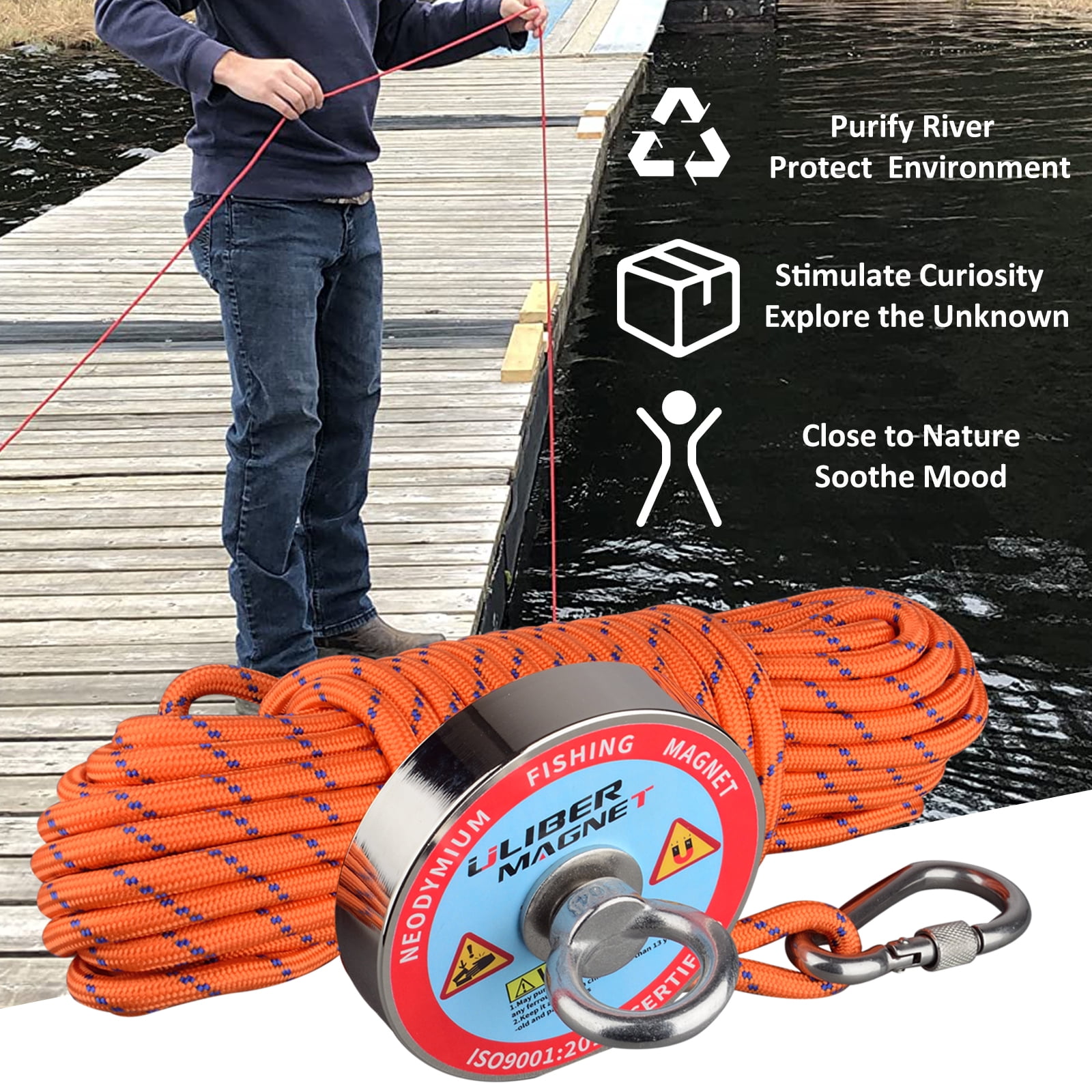 ULIBERMAGNET Super Strong Magnet Fishing Kit,Double Sided 2400lb Neodymium  Magnet,Heavy Dutry Magnet with 49Ft Salvage Rope,Non-Slip Gloves,Pocket for