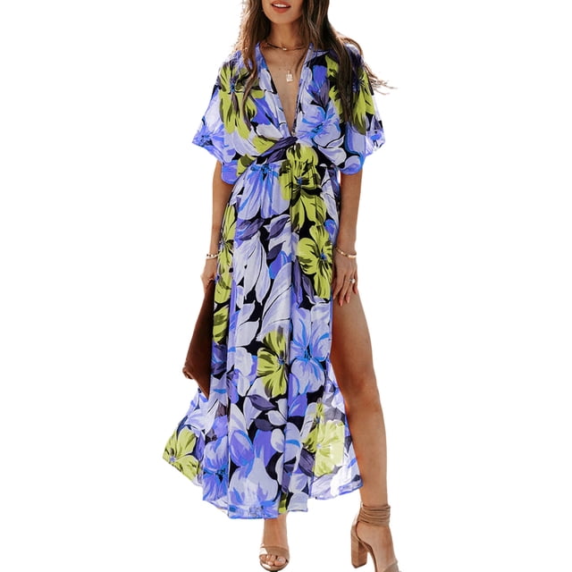 WILLBEST Vestidos de Verano 2025, Vestidos de Moda para Mujer, Vestido Sexy con Abertura y Estampado Floral de Cintura Alta Chica