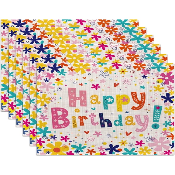 Happy Birthday Placemats Set of 6,Washable Heat Resistant 12×18 Inch Linen Table Mats Birthday Party Place Mats for Party Outdoor Dining Décor