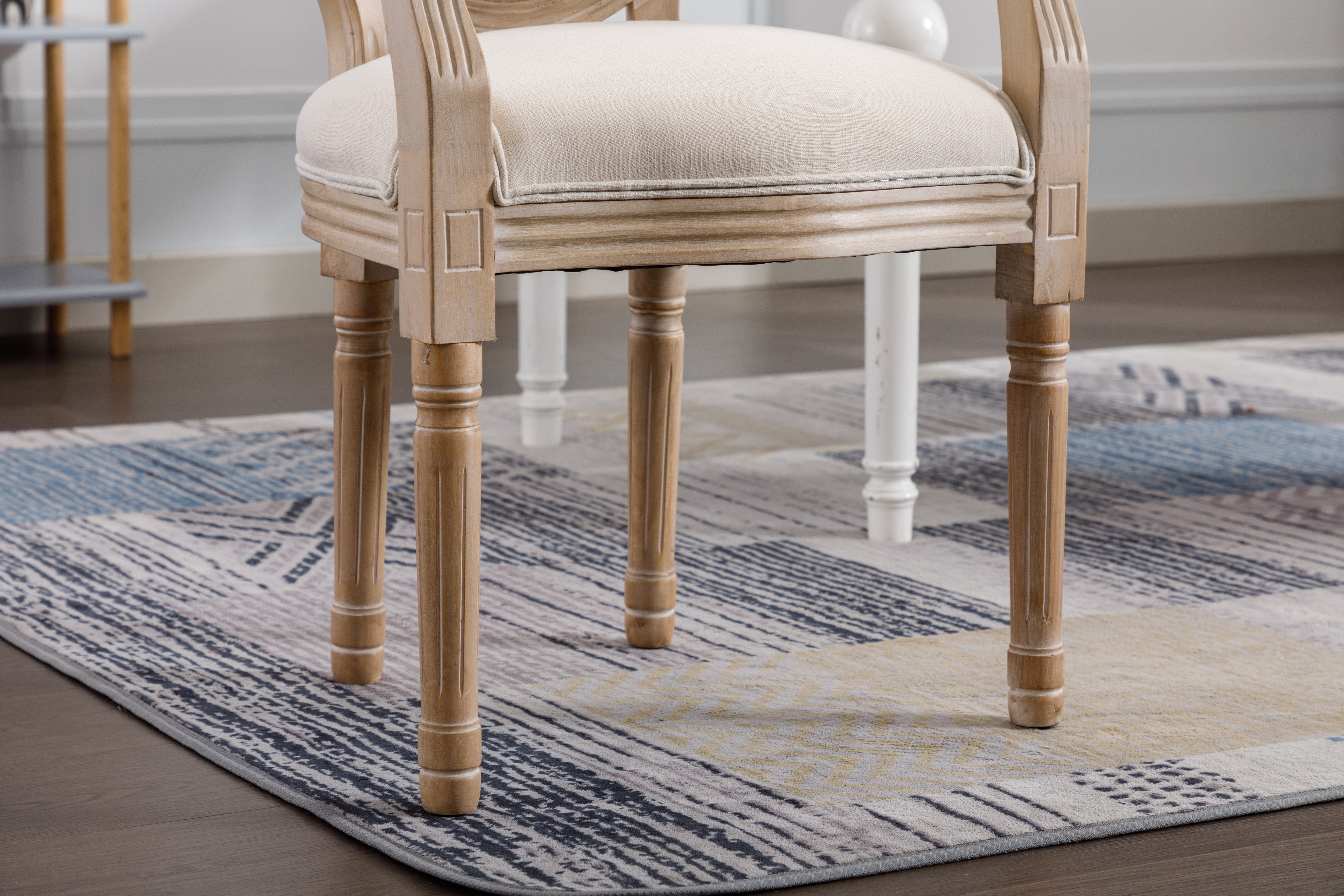 French Vintage Upholstered Dining Armchair Set of 2 with Rattan Mesh Backrest, Fabric Accent Chairs with Rubberwood Frame for Dining Room, Beige
