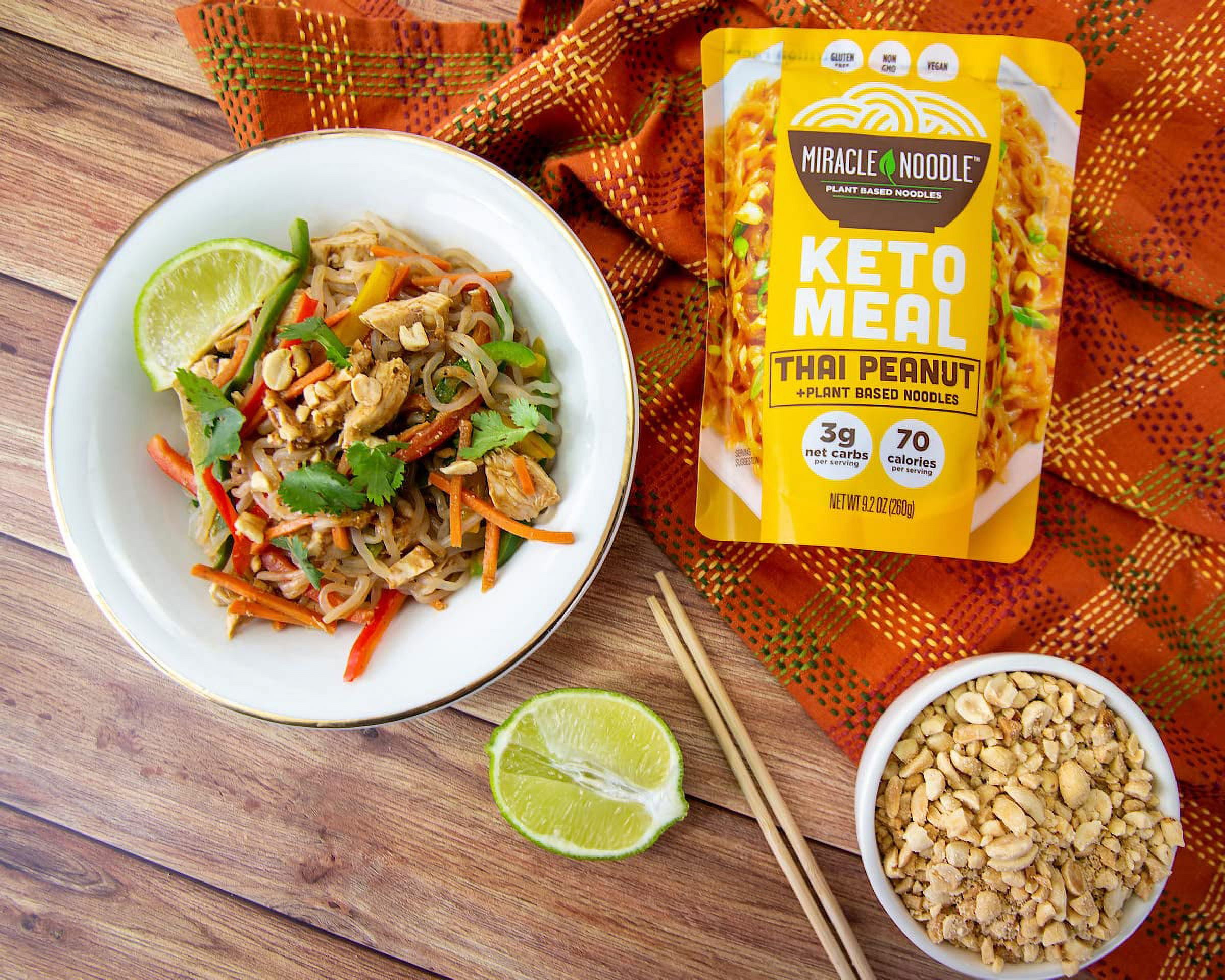 Miracle Noodle Keto Meal - Gluten Free, Non GMO, Vegan, Low Calorie, Low Carb, Grain Free - Thai Peanut Plant Based Noodles, 9.2 oz (Pack of 6)