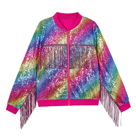 EnJoCho Girls Zip up Sequins Tassel Jackets Long Sleeve Sparkly Fashion Coats Kids Cute Ribbed Cuf𝖿s School Tops Clothes