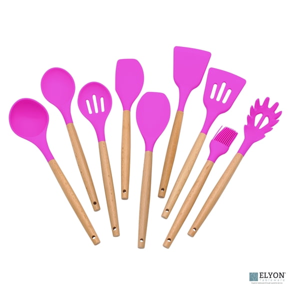Elyon Tableware 9 Piece Lavender Colored Silicone Kitchen Utensils Set with Wooden Handles