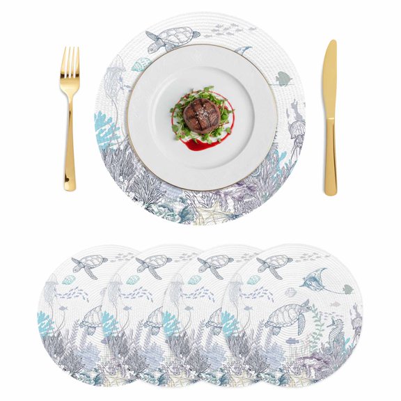Turtle Coastal Round 13 Inch Placemats Set of 4, Nautical Summer Beach Coral Jellyfish Shell HeatResistant Non Slip Place Mats for Dining Table, Wipeable Braided Kitchen Table Mats for Housewarming
