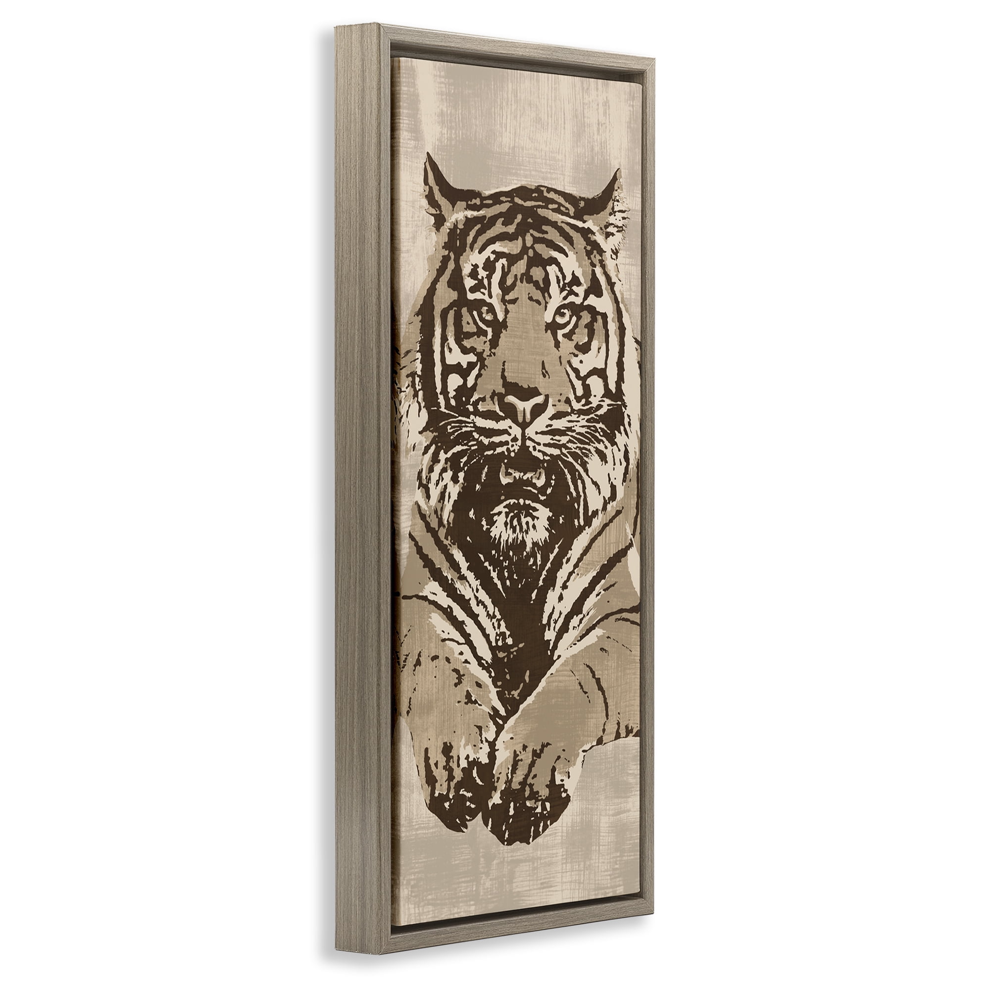 Stupell Industries Fierce Tiger Baring Teeth Animals Painting Brown Floater Framed Canvas Art Print Wall Art, 14 x 31