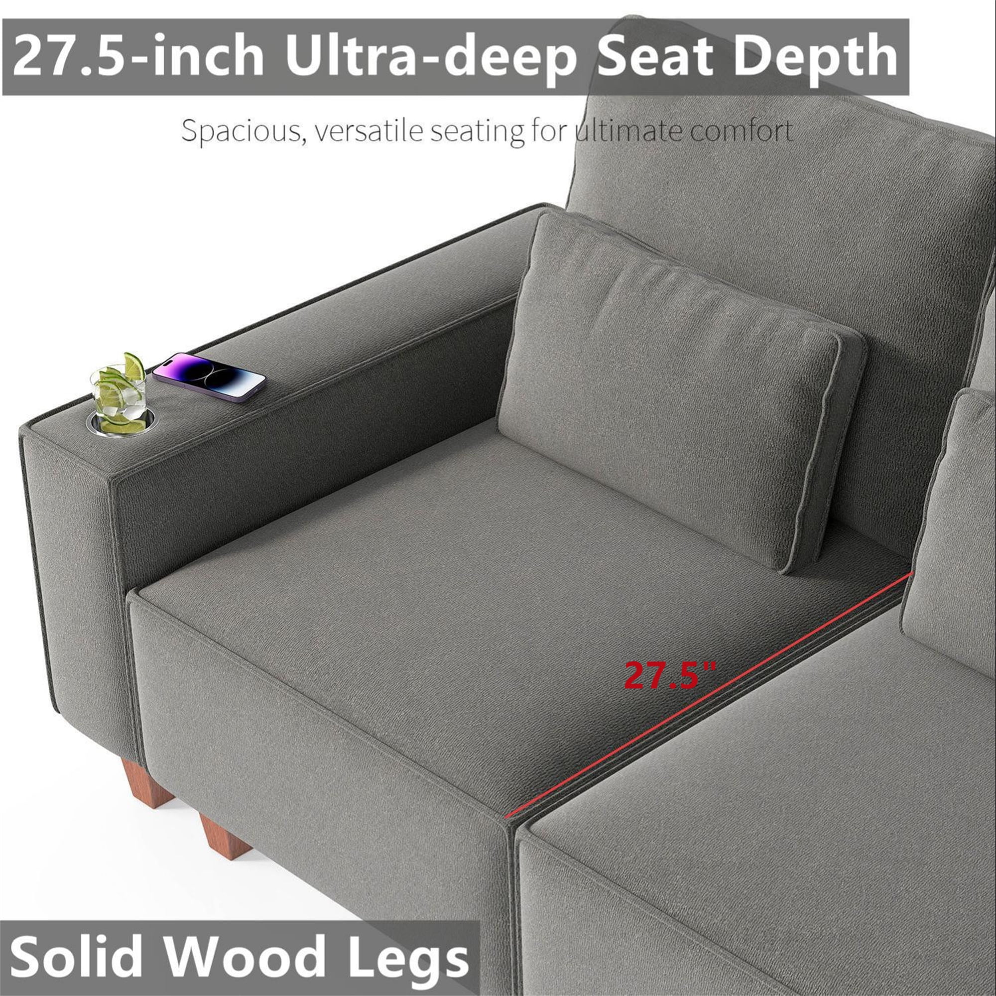 Aukfa 3 Piece Sofa Set - 43.5" Oversized Armchair Couch with Cup Holders&Pillows, Chenille, Gray