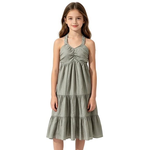 Angala Daily Wear Dress For Girls Sleeveless Halter Solid Color Girls Beach Dresses