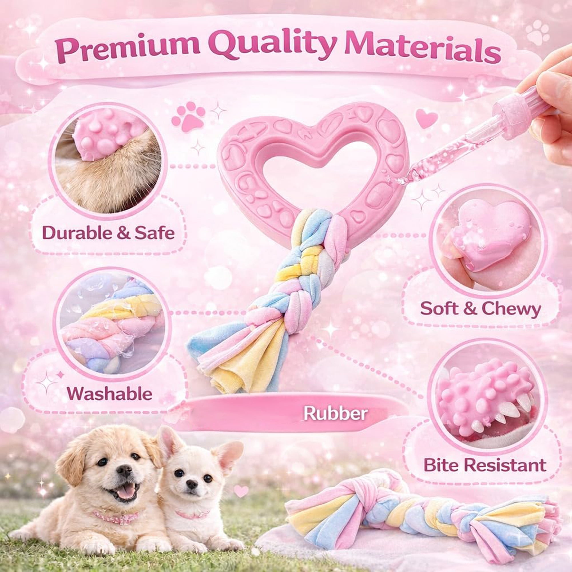 Puppy Chew Toys for Small Dogs, 6 Pack Soft Rubber Teething Toys, Interactive Teeth Cleaning Dog Toys for Puppies, Eco Friendly Safe Chewable Puppy Toys, Pink