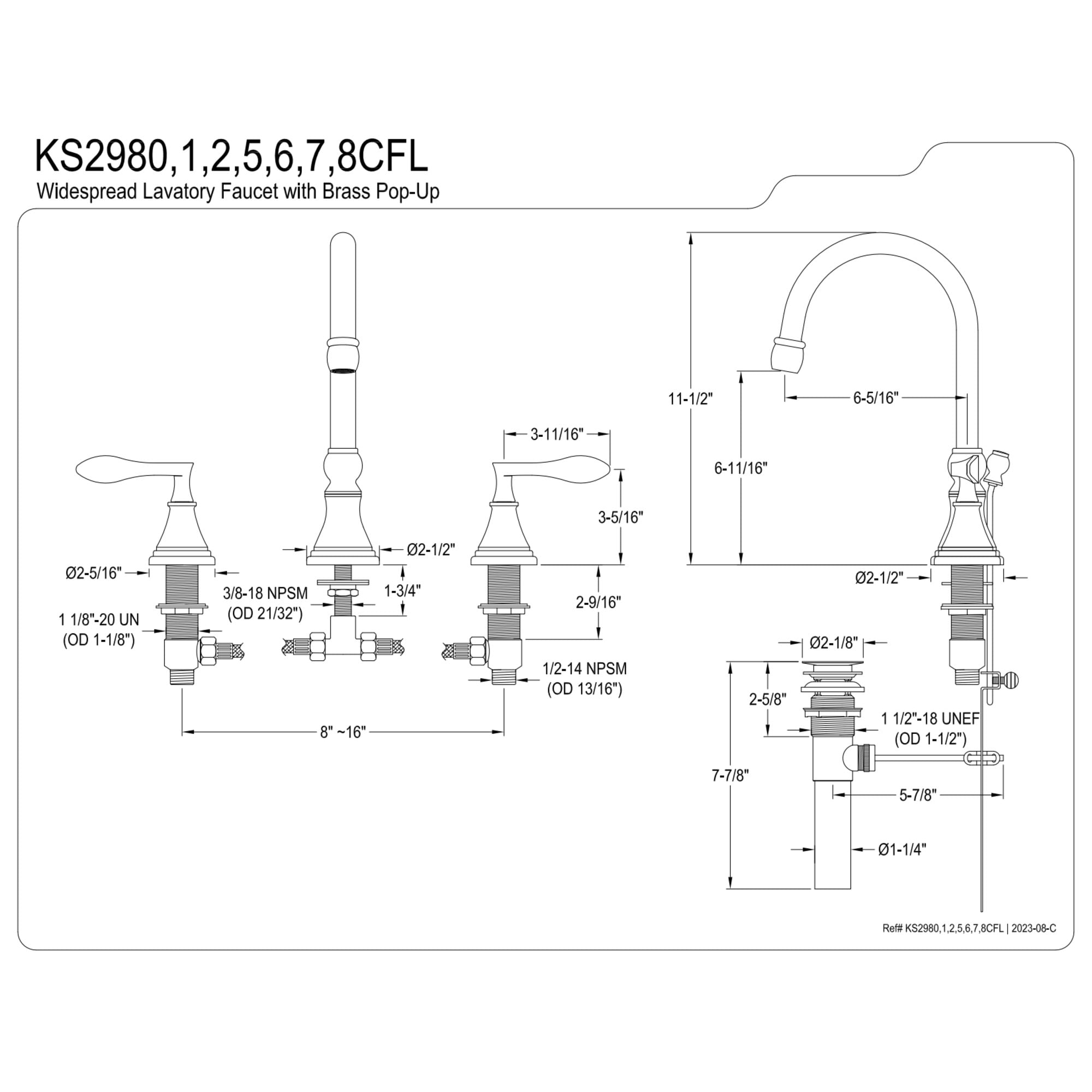 Kingston Brass KS2988CFL Century Widespread Bathroom Faucet with Brass Pop-Up, Brushed Nickel