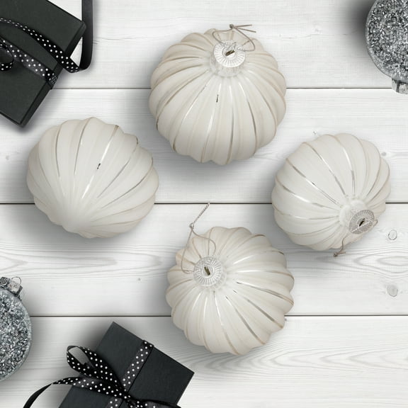 Northlight Striped Ball and Onion Glass Christmas Ornaments - 3" (80mm) - White and Silver  - 4ct