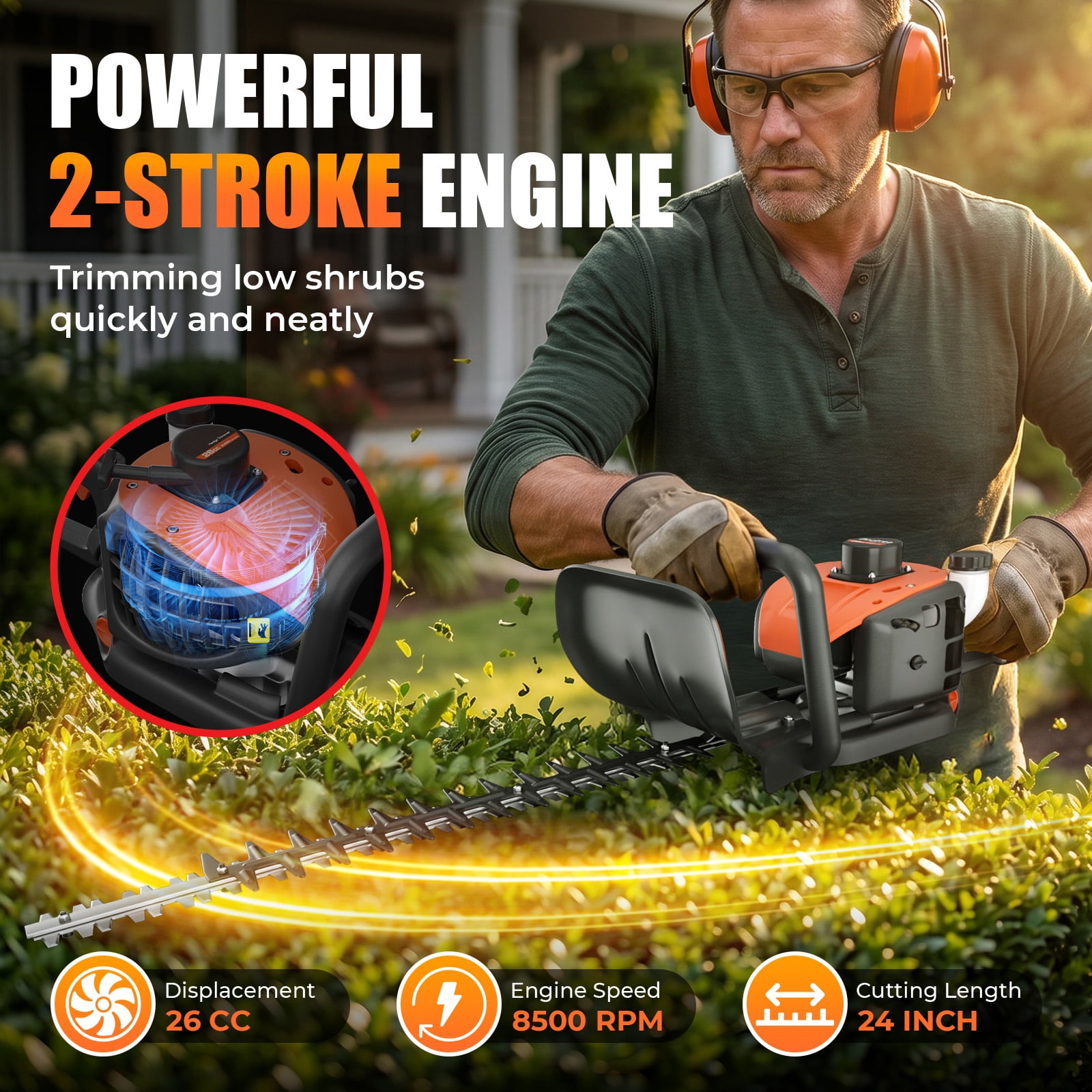 24-Inch 26cc 2 Cycle Gas Hedge Trimmer, Dual Sided Blade,Lightweight Ideal for Trimming Shrubs and Bushes