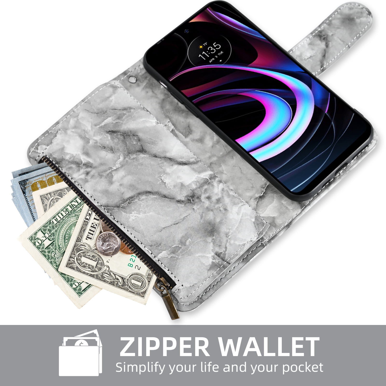 Compatible with Motorola Moto Edge 2021/MotoEdge 5G UW 2021 Wallet Phone Case and Tempered Glass Screen Protector Marble Faux Leather Flip Credit Card Holder Stand Zipper Cell Cover for XT2141-1 Grey