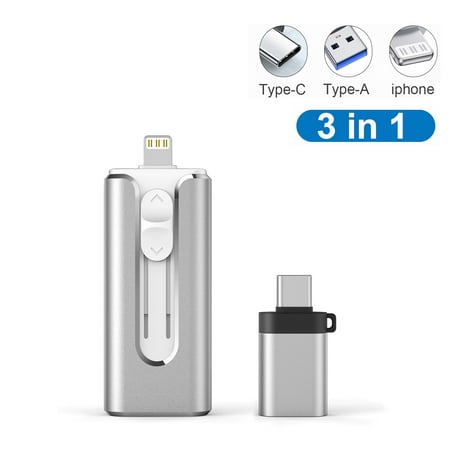 Topesel 128GB USB 3.0 Flash Drive, 3-In-1 Metal USB, for iphone External Storage, OTG Android Phone and Computer, Silver