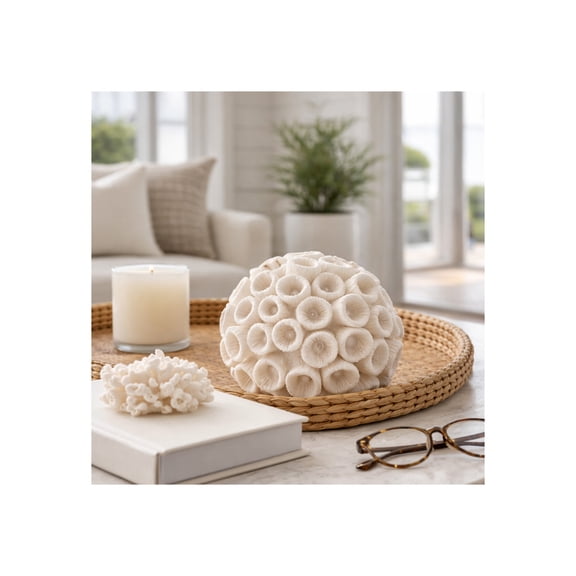 Coastal Resin Coral Orb for Home & Bathroom Decor - Textured Tabletop Accent for Office Shelf or Kitchen Styling - Decorative Sphere for Living Room, Coffee Table or Mantel Display - 6", Ivory & Tan