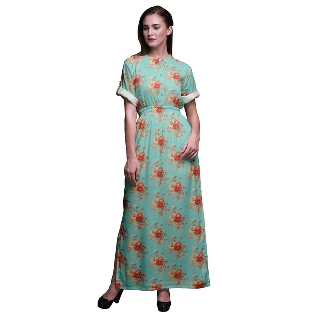 Bimba Robe Longue Maxi d'Été Imprimée pour Femmes avec Feuilles de Rayonne, Roses et Miosotis Floral, Fente Latérale, TTTG
