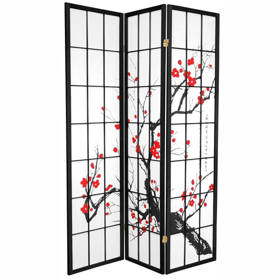 Oriental Furniture 6 Ft Tall Flower Blossom Room Divider, floral, Black, 3 panel