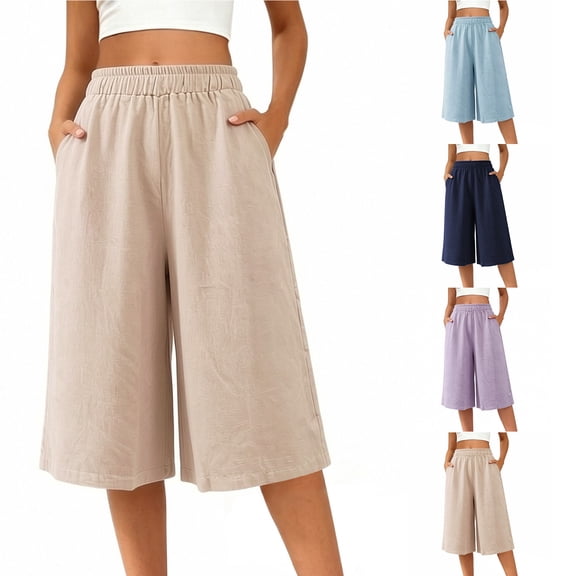 Admvng Capri Pants for Women Wide Leg Plus Size Elastic Waist Cropped Pants Culottes