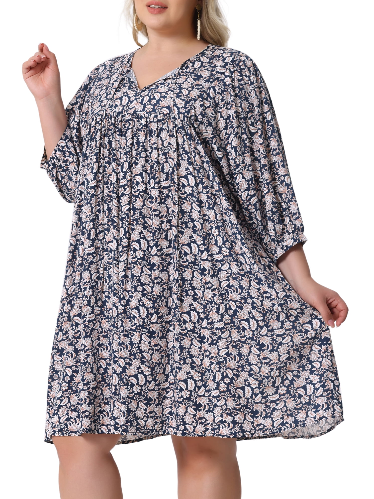 DARING DIVA Women's Plus Size Drawstring V Neck Babydoll Midi Flowy Dress 3X Navy Blue