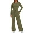 thumbnail image 4 of Women's 2 Piece Matching Lounge Set Long Sleeve Side Ruching Top Wide Leg Drawstring Pants Set with Pockets Army Green S, 4 of 6