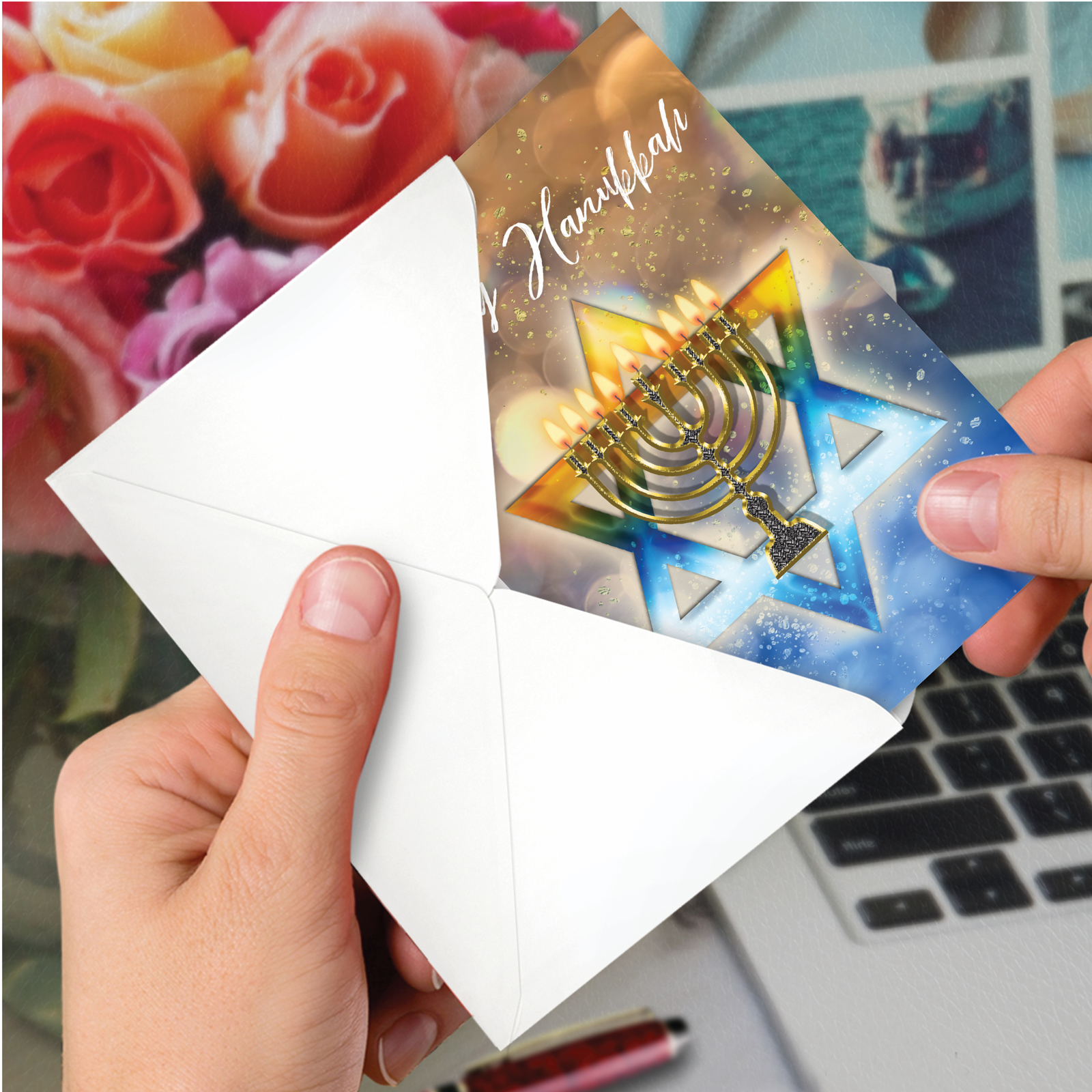 The Best Card Company 12 Blank Chanukah Greeting Cards Set w/ 5x7 Envelopes, 1x12 Designs, For Men, Women, Jewish Holiday Cards Festival of Lights C3687AHKB-B12x1