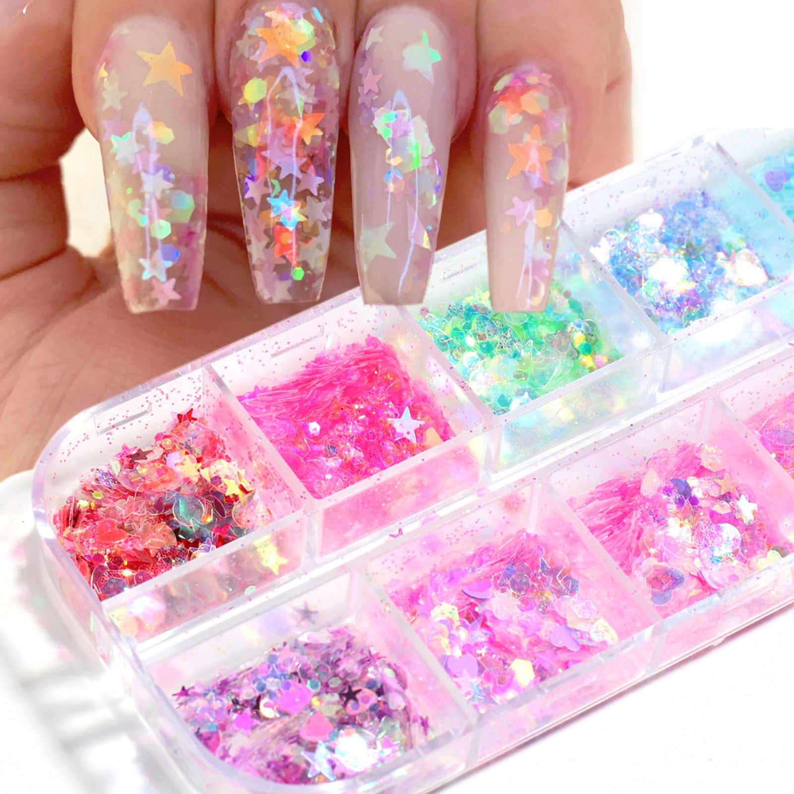 Heldig Holographic Chunky Glitter 12 Colors Total 120g Face Body Eye Hair  Nail Festival Chunky Holographic Glitter Different Size, Stars and Hexagons  ShapedB 