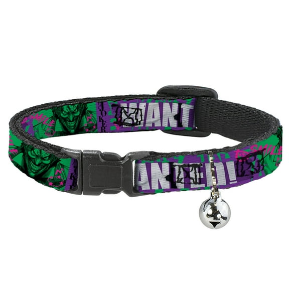 DC Comics Breakaway Cat Collar With Bell, Plastic Clip, Easy Adjustable, The Joker Wanted Smiling Pose and Graffiti Purples Greens, 8.5 to 12 Inches 0.5 Inch Wide