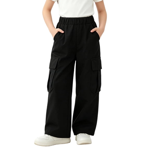 Ugoldhm Kids Elastic Waist Wide Leg Cargo Pants Multi Side Pockets Loose Casual Straight Trousers for Boys Girls 2-15Y