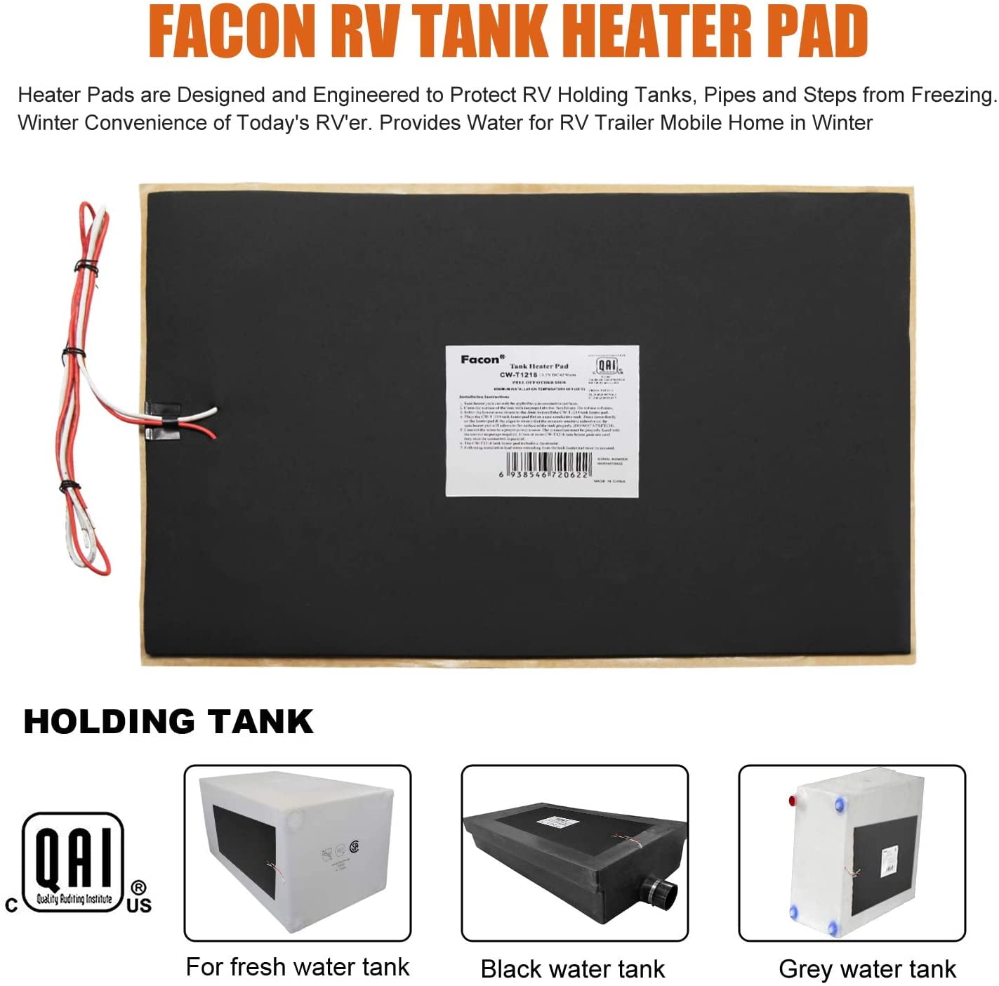 Facon 12" x 18" RV Holding Tank Heater Pad, 12Volts DC, Use with Up to 50 Gallons Fresh Water/Grey Water/Black Water Tank, Holding Tank Heating Pad with Automatic Thermostat Control