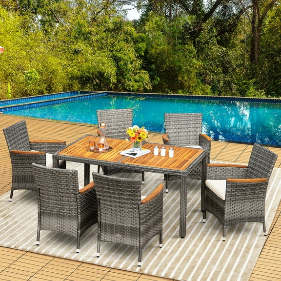 Costway 7PCS Patio Rattan Dining Set Acacia Wood Table Cushioned Chair Mix Gray