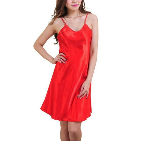 - Sexy Women Comfortable Sling V-Neck Dress Solid Satin Silk Sleepwear