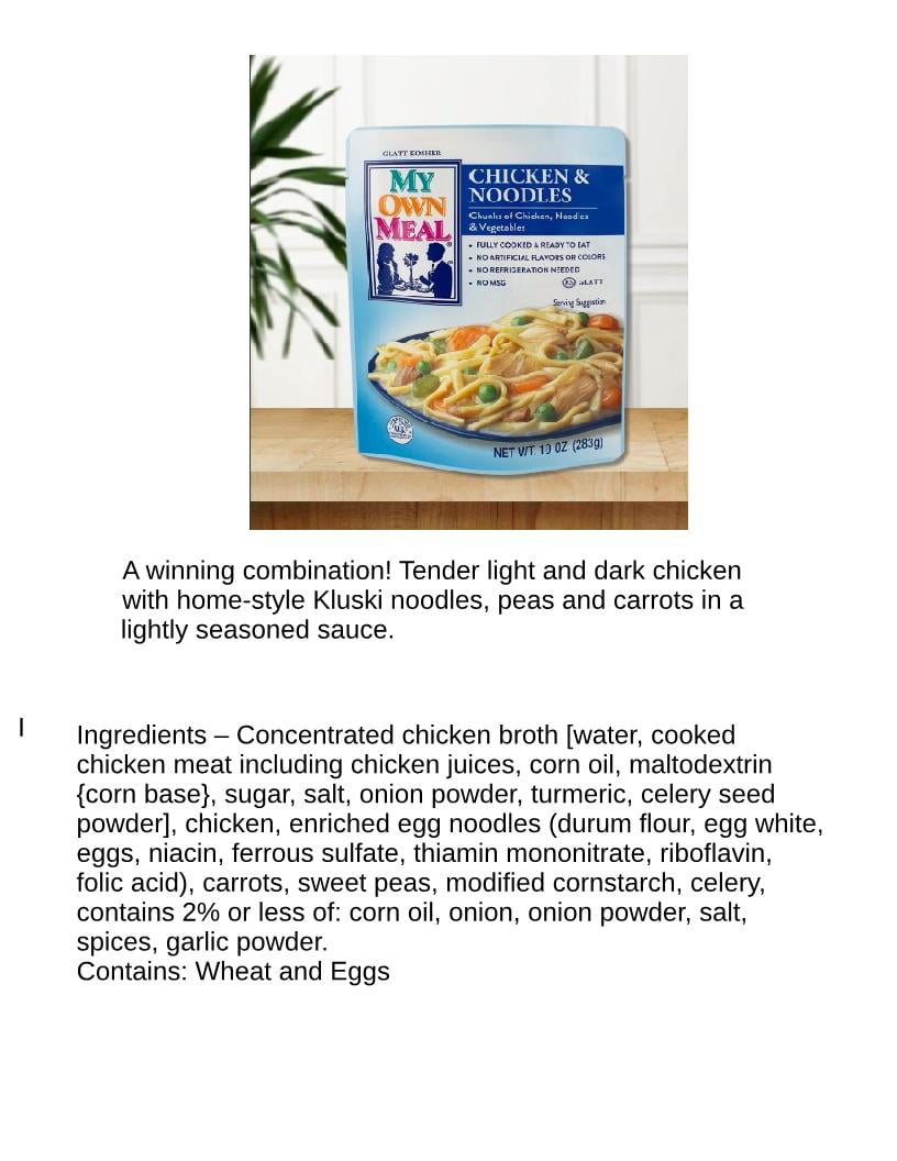 My Own Meals, Chicken & Noodles, Kosher, Shelf Stable, 10 OZ,  Pack of 6