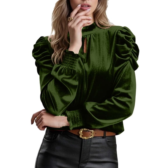 Velvet Mock Neck Shirts for Women Front Cutout Puff Long Sleeve Tops Vintage Solid Elegant Blouse Top Lightweight Slim-Fit Pullover Business Casual Outfits Fall Spring Clothes Green S