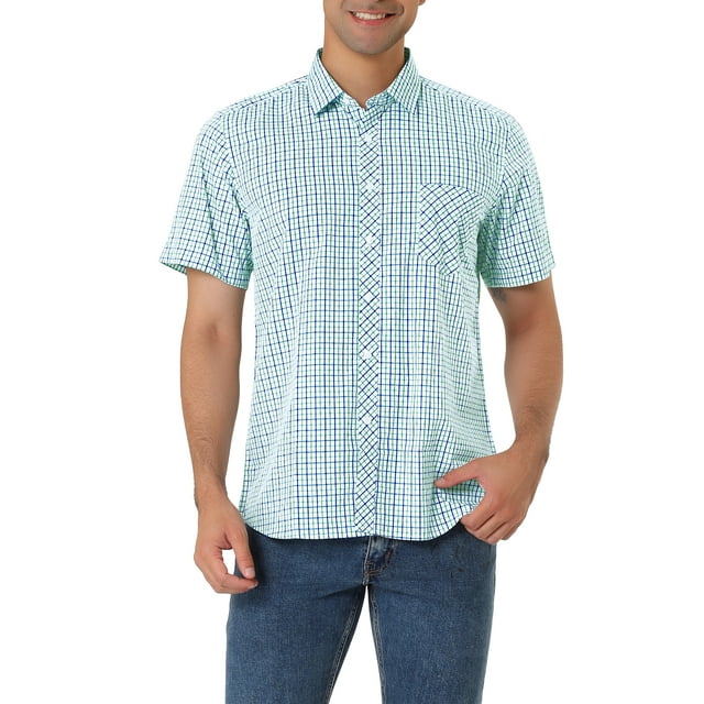 Unique Bargains Big & Tall Men's Shirts Short Sleeve Button Down Plaid Check Dress Shirts