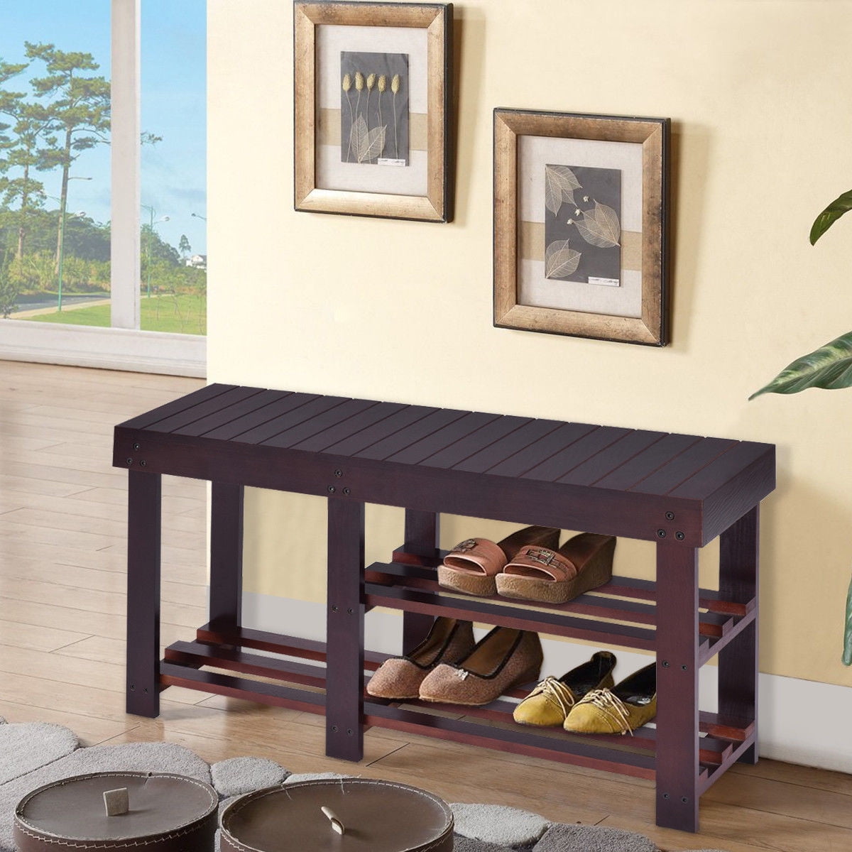 Goplus Wooden Shoe Bench Boot Storage Shelf Organizer Seat Entryway