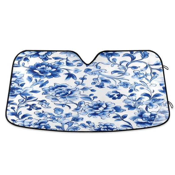 Blue and White Porcelain Floral Car Windshield Sun Shade Foldable Car Front Window Visor Heat and UV Protection 53x23.5