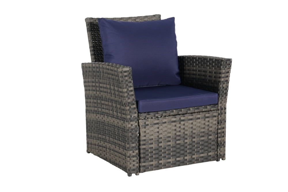 4 Pieces Patio Conversation Set, Outdoor Furniture Set with Cushion, Outside Sectional Rattan Wicker Sofa for Garden, Porch, Backyard, Blue
